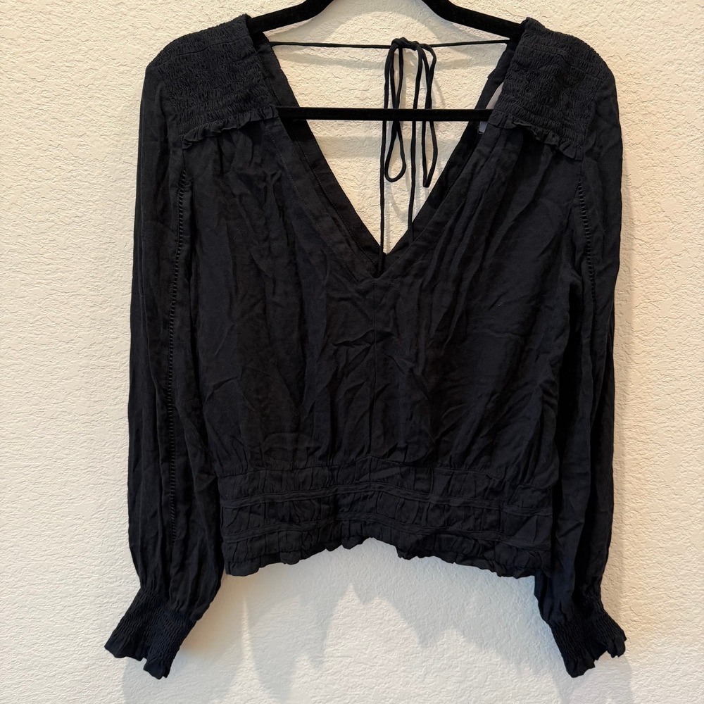 Anthropologie Black Smocked V-Neck Jacquard Blouse Long Sleeve Cropped Top Small